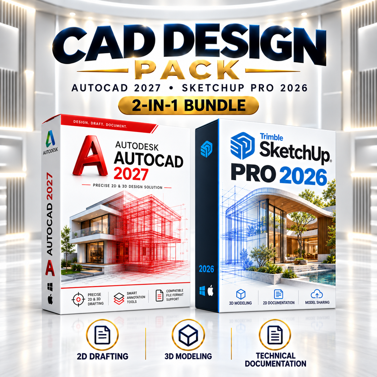 Pack AutoCAD 2027 + SketchUp Pro 2026 | Logiciels CAO & Modélisation 3D | Licence à vie