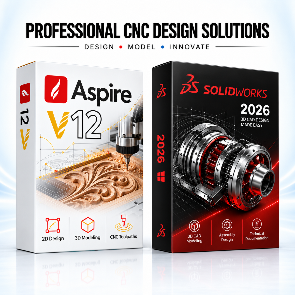 Aspire 12 + SolidWorks 2026 | Logiciels de conception CNC & CAO | Licence à vie
